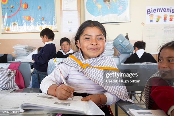 school children (6-7) wearing traditional ecuadorian costume, ecuador - south america stock pictures, royalty-free photos & images