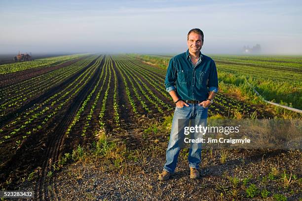 farmer standing in lettuce field - corporate portraits depth of field stockfoto's en -beelden