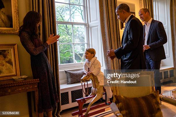 No Sales, no commercial use whatsoever of the photographs In this handout provided by Kensington Palace, President Barack Obama talks with the Prince...