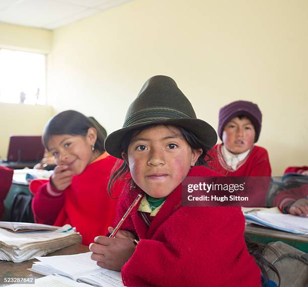 school children wearing traditional clothing, ecuador - hugh sitton india fotografías e imágenes de stock