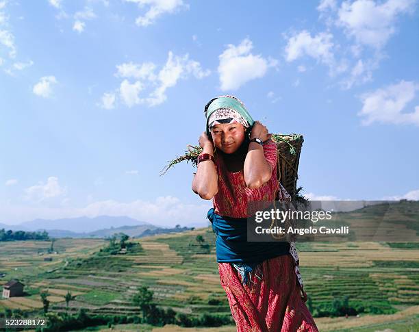 nepalese woman carrying basket - nepal women stock pictures, royalty-free photos & images