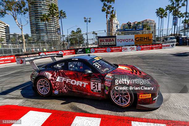Patrick Long drives the Porsche 911 GT3 R Pirelli World Challenge car on the track at Toyota Grand Prix of Long Beach on April 17, 2016 in Long...
