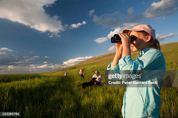 family enjoying prairie landscape - bird watching stock pictures, royalty-free photos & images