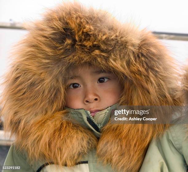 eskimo boy in red fox fur lined parka - eskimo boy stock pictures, royalty-free photos & images