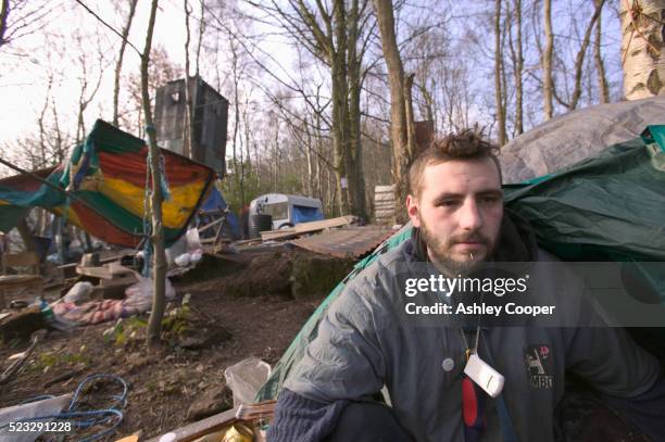 environmental protester in camp near nine ladies stone circle - derbyshire stock pictures, royalty-free photos & images