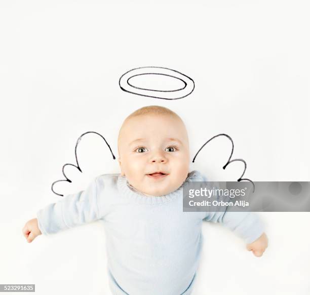 baby boy with angel wings - baby angel wings stock pictures, royalty-free photos & images