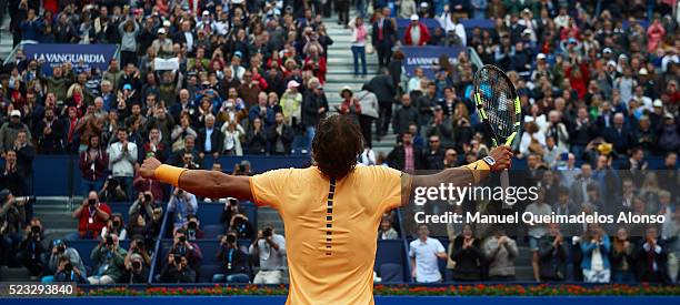 Rafael Nadal of Spain celebrates defeating Fabio Fognini of Italy during day five of the Barcelona Open Banc Sabadell at the Real Club de Tenis...