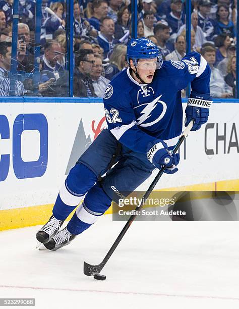 Andrej Sustr of the Tampa Bay Lightning skates against the Detroit Red Wings during the second period of Game Two of the Eastern Conference...