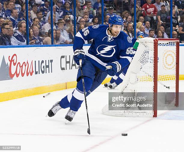 Braydon Coburn of the Tampa Bay Lightning skates against the Detroit Red Wings during the second period of Game Two of the Eastern Conference...