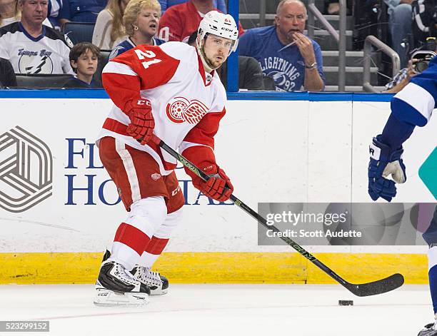 Tomas Tatar of the Detroit Red Wings skates against the Tampa Bay Lightning during Game Two of the Eastern Conference Quarterfinals in the 2016 NHL...