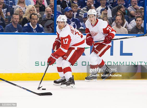 Brad Richards and Dylan Larkin of the Detroit Red Wings skates against the Tampa Bay Lightning during Game Two of the Eastern Conference...