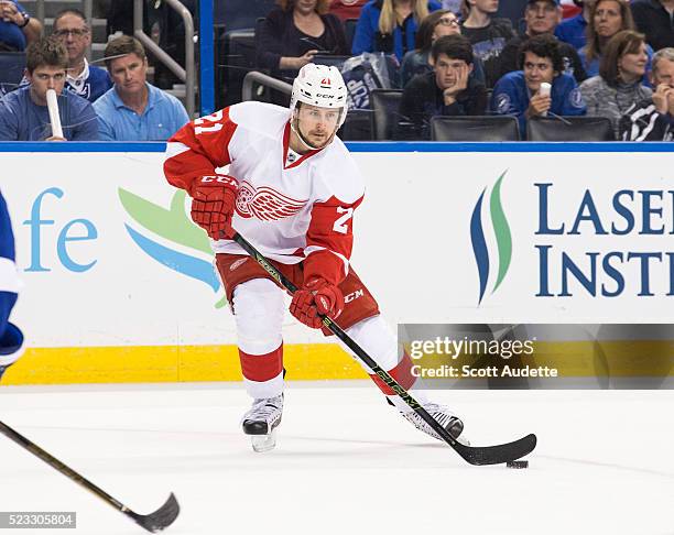 Tomas Tatar of the Detroit Red Wings skates against the Tampa Bay Lightning during Game Two of the Eastern Conference Quarterfinals in the 2016 NHL...
