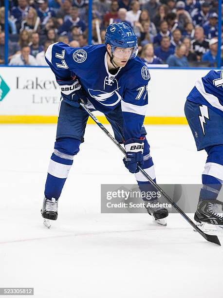 Victor Hedman of the Tampa Bay Lightning skates against the Detroit Red Wings during the second period of Game Two of the Eastern Conference...