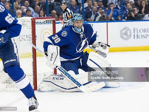 Goalie Ben Bishop of the Tampa Bay Lightning tends net against the Detroit Red Wings during the second period of Game Two of the Eastern Conference...