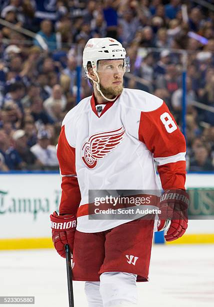 Justin Abdelkader of the Detroit Red Wings skates against the Tampa Bay Lightning during Game Two of the Eastern Conference Quarterfinals in the 2016...