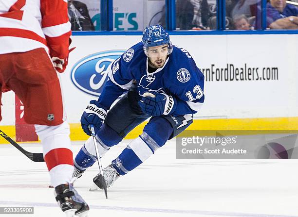 Cedric Paquette of the Tampa Bay Lightning skates against the Detroit Red Wings during the third period of Game Two of the Eastern Conference...