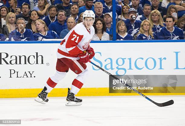 Dylan Larkin of the Detroit Red Wings skates against the Tampa Bay Lightning during Game Two of the Eastern Conference Quarterfinals in the 2016 NHL...