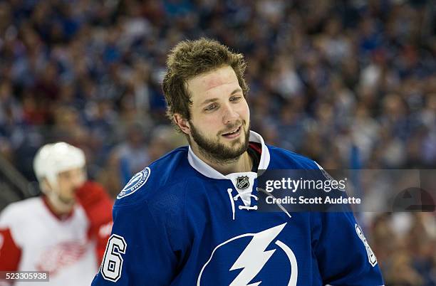 Nikita Kucherov of the Tampa Bay Lightning skates against the Detroit Red Wings during the third period of Game Two of the Eastern Conference...