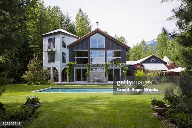 backyard with pool of contemporary house - window awnings 個照片及圖片檔