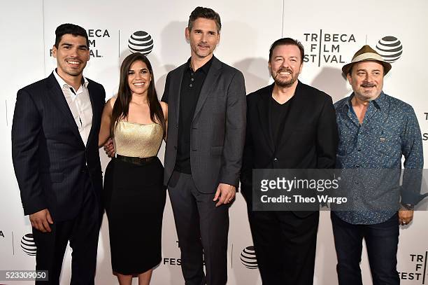 Raul Castillo, America Ferrera, Eric Bana, Ricky Gervais and Kevin Pollak attend the premiere "Special Correspondents" during the 2016 Tribeca Film...