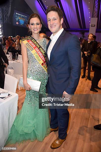 Miss Germany Lena Broeder and Matthias Steiner pose during the Radio Regenbogen Award 2016 After Show Party on April 22, 2016 in Rust, Germany.