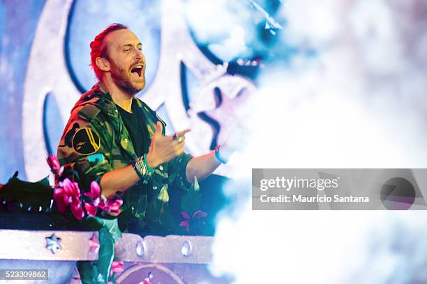 David Guetta performs live on stage during the first day of the Tomorrowland music festival at Parque Maeda Itu on April 21, 2016 in Sao Paulo,...