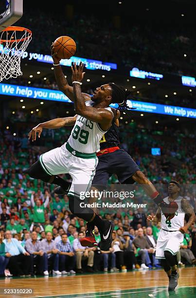 Jeff Teague of the Atlanta Hawks fouls Jae Crowder of the Boston Celtics during the first quarter of Game Three of the Eastern Conference...