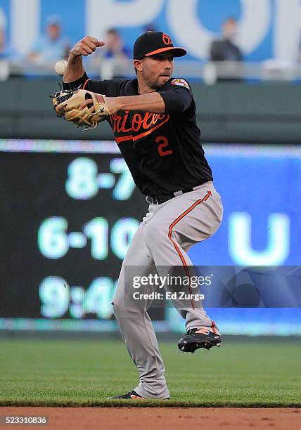 Hardy of the Baltimore Orioles loses the grip on the ball as he fields a hit by Alcides Escobar of the Kansas City Royals in the first inning at...