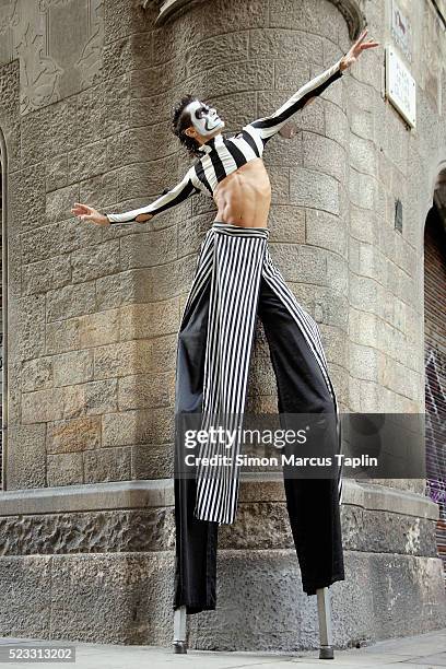 street performer on stilts - stelze stock-fotos und bilder