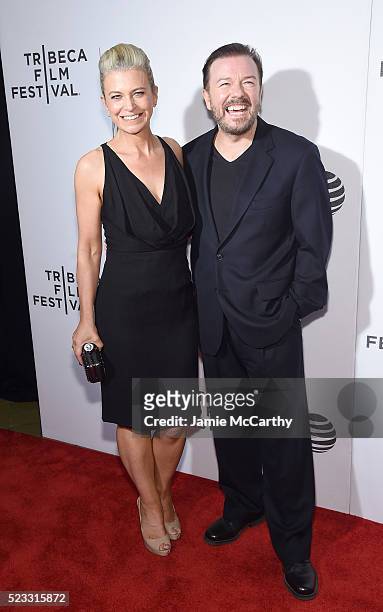 Jane Fallon and Ricky Gervais attend Tribeca Talks After the Movie: "Special Correspondents" - 2016 Tribeca Film Festival at John Zuccotti Theater at...