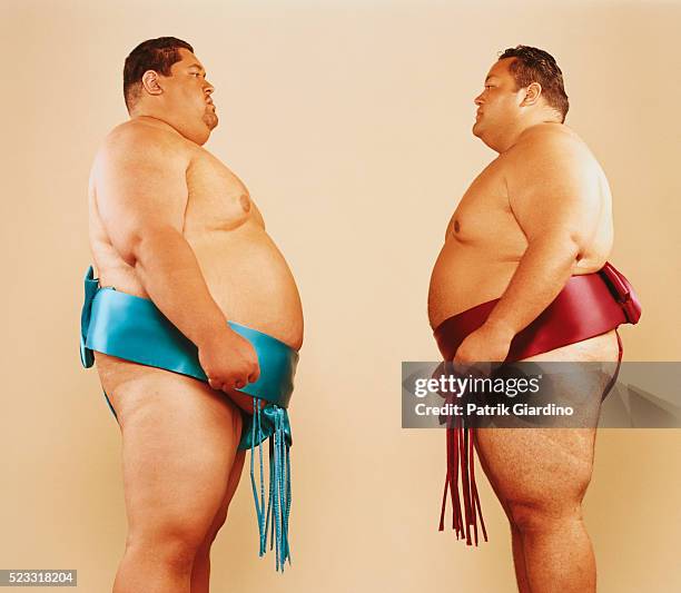 sumo wrestlers facing off - vechtsport stockfoto's en -beelden