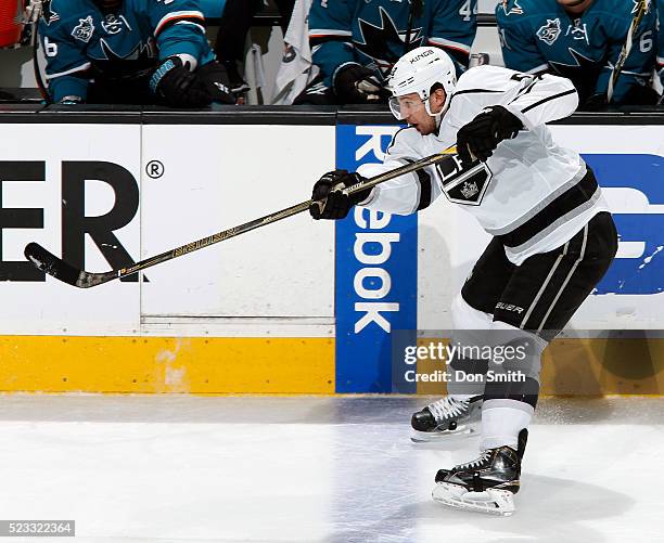 Jamie McBain of the Los Angeles Kings shoots the puck into the zone against the San Jose Sharks during the Western Conference First Round during the...