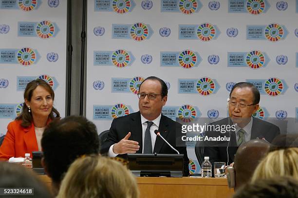 French President Francois Hollande delivers a speech at the United Nations after the Opening Ceremony of the High-Level Event for the Signature of...