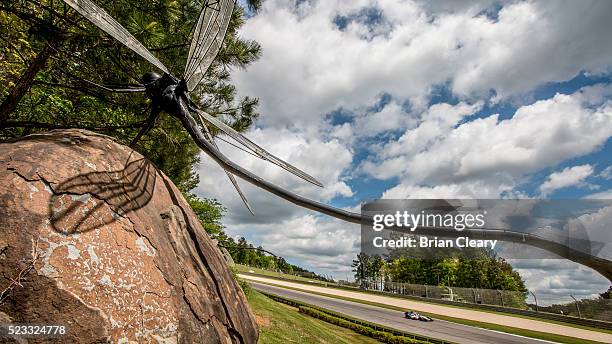An IndyCar races past a dragonfly sculpture during practice for the Honda Indy Grand Prix of Alabama at Barber Motorsports Park on April 22, 2016 in...