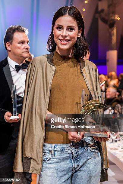 Lena Meyer-Landrut poses with her award at the Radio Regenbogen Award 2016 at Europapark on April 22, 2016 in Rust, Germany.