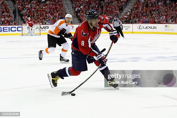 Alex Ovechkin of the Washington Capitals takes a shot on goal against the Philadelphia Flyers in the third period of the Flyers 2-0 win in Game Five...