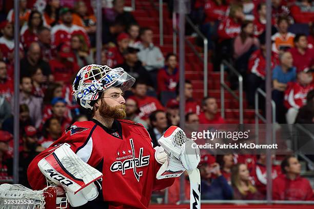 Braden Holtby of the Washington Capitals looks on in the third period against the Philadelphia Flyers in Game Five of the Eastern Conference First...