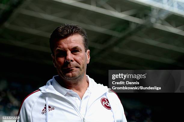 Head coach Dieter Hecking of Nuernberg looks on prior to the Bundesliga match between VfL Borussia Moenchengladbach and 1. FC Nuernberg at Borussia...