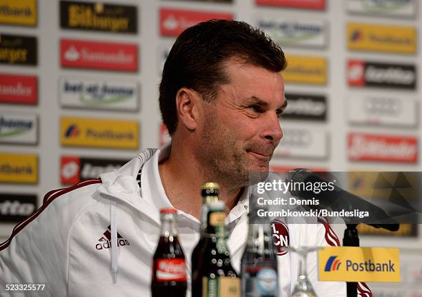 Head coach Dieter Hecking of Nuernberg reacts during a press conference after the Bundesliga match between VfL Borussia Moenchengladbach and 1. FC...