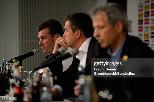 Head coach Dieter Hecking of Nuernberg reacts during a press conference after the Bundesliga match between VfL Borussia Moenchengladbach and 1. FC...