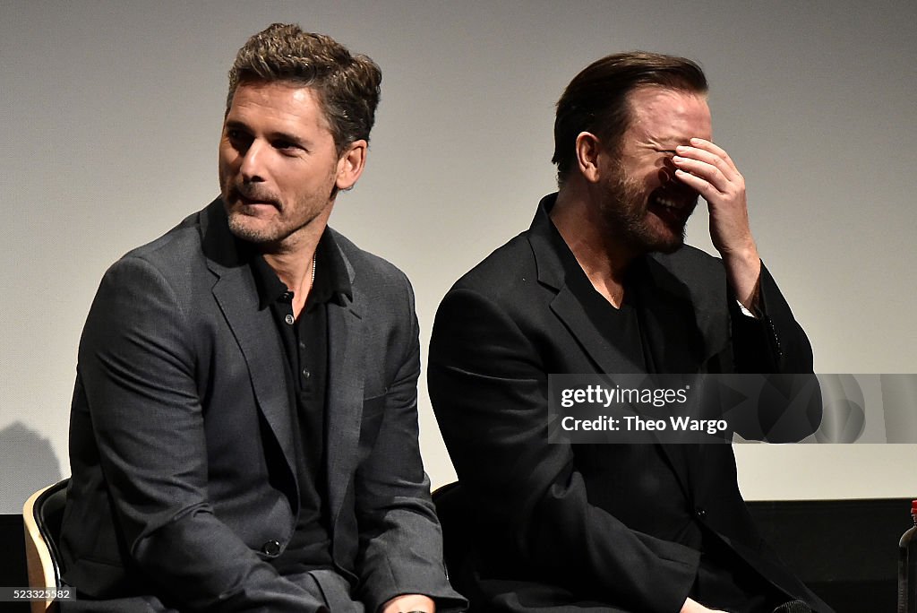 Actor Eric Bana and director and writer Ricky Gervais speak onstage