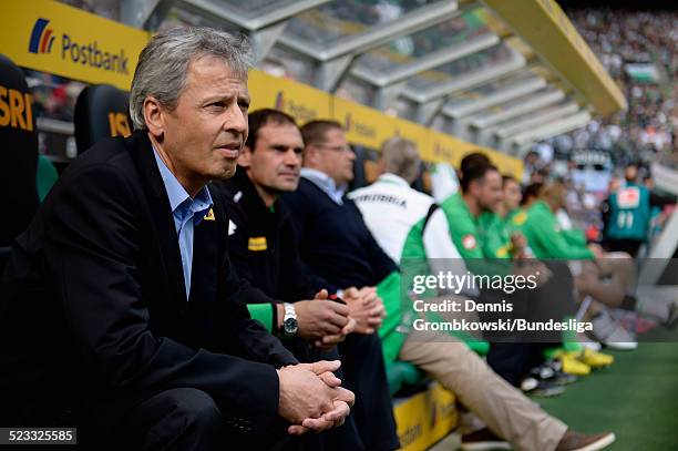 Head coach Lucien Favre of Moenchengladbach looks on prior to the Bundesliga match between VfL Borussia Moenchengladbach and 1. FC Nuernberg at...