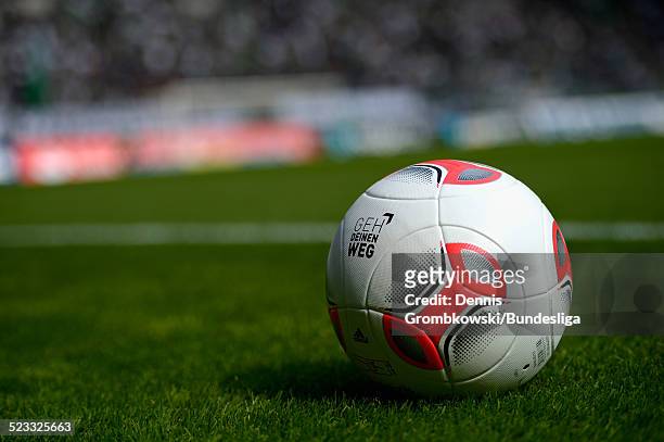 The playball displaying the 'Geh deinen Weg' logo is seen during the Bundesliga match between VfL Borussia Moenchengladbach and 1. FC Nuernberg at...