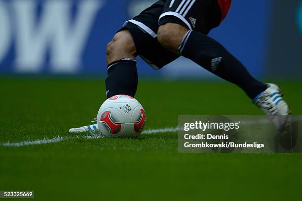 The playball displaying the 'Geh deinen Weg' logo is seen during the Bundesliga match between VfL Borussia Moenchengladbach and 1. FC Nuernberg at...