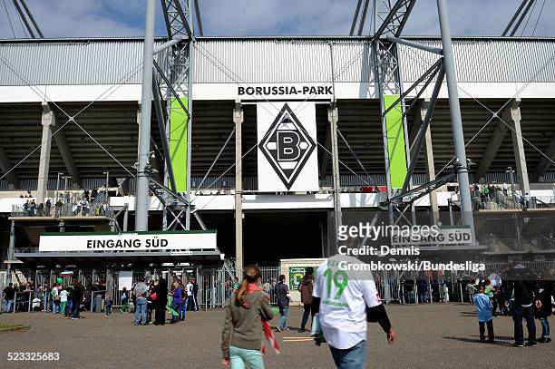 Spectators head to the stadium prior to the Bundesliga match between VfL Borussia Moenchengladbach and 1. FC Nuernberg at Borussia Park Stadium on...