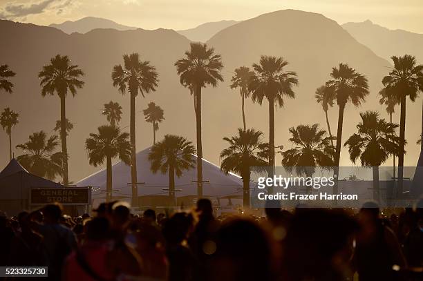 View of the mountains and palm trees during day 1 of the 2016 Coachella Valley Music & Arts Festival Weekend 2 at the Empire Polo Club on April 22,...