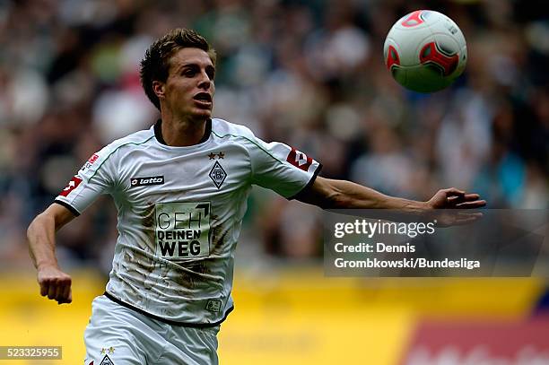 Patrick Herrmann of Moenchengladbach controls the ball during the Bundesliga match between VfL Borussia Moenchengladbach and 1. FC Nuernberg at...