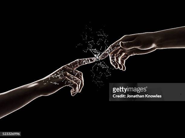 particles connecting touching fingers - ai concept - human finger stock pictures, royalty-free photos & images