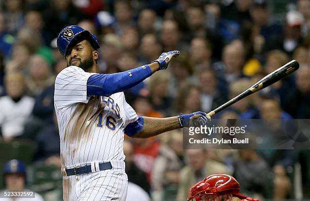 Domingo Santana of the Milwaukee Brewers strikes out in the fifth inning against the Philadelphia Phillies at Miller Park on April 22, 2016 in...