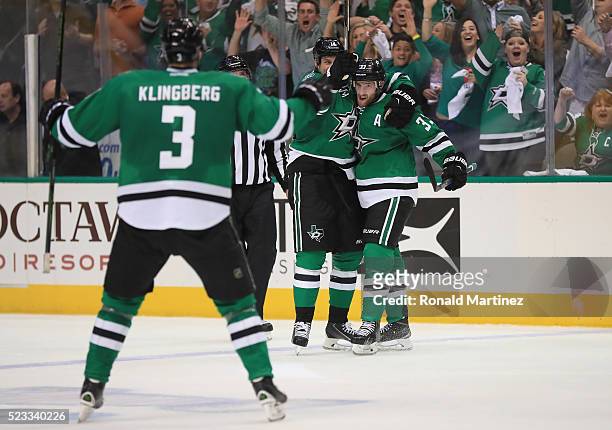 Alex Goligoski of the Dallas Stars celebrates his goal against the Minnesota Wild in the third period in Game Five of the Western Conference First...